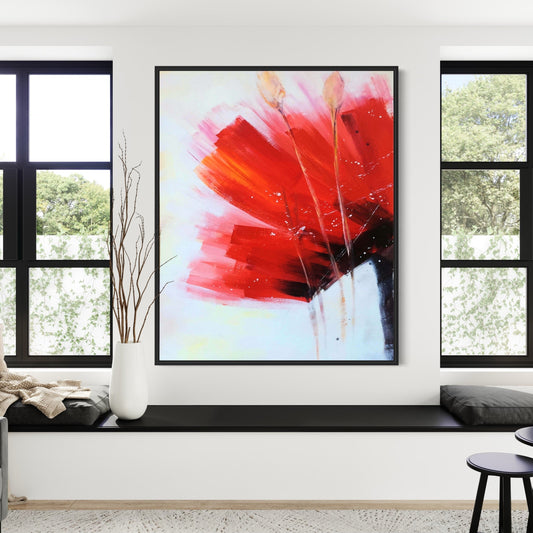 Vibrant Red Floral Abstract Oil Painting with Dynamic Brushstrokes