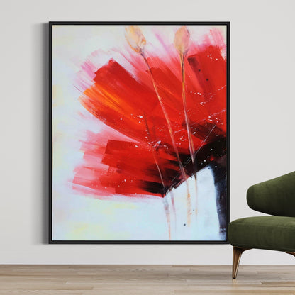 Vibrant Red Floral Abstract Oil Painting with Dynamic Brushstrokes