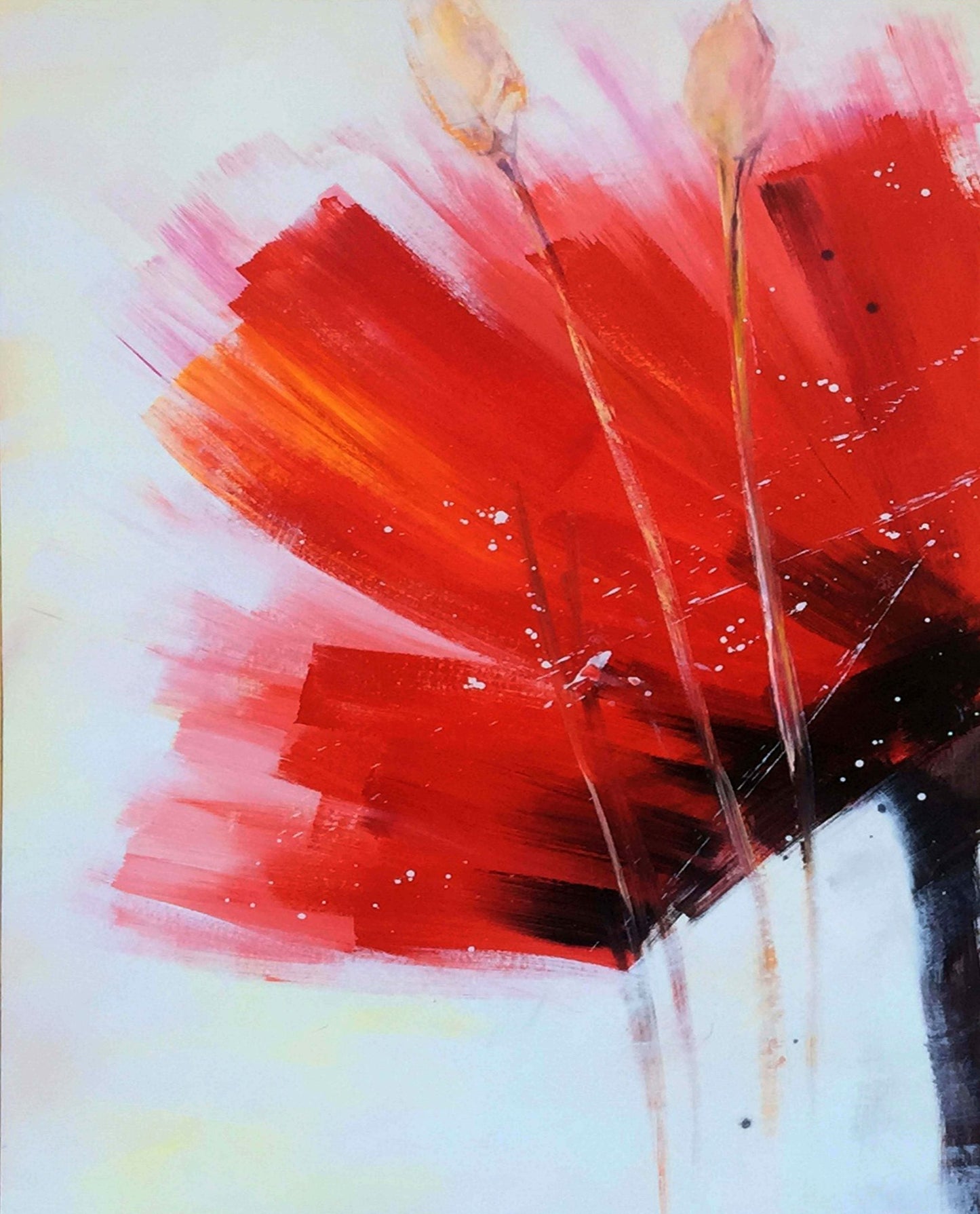 Vibrant Red Floral Abstract Oil Painting with Dynamic Brushstrokes