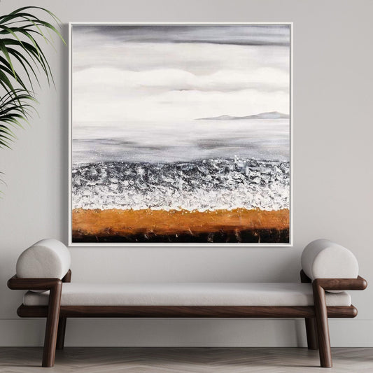 Serene Coastal Landscape Oil Painting with Warm Earth Tones and Tranquil Sky