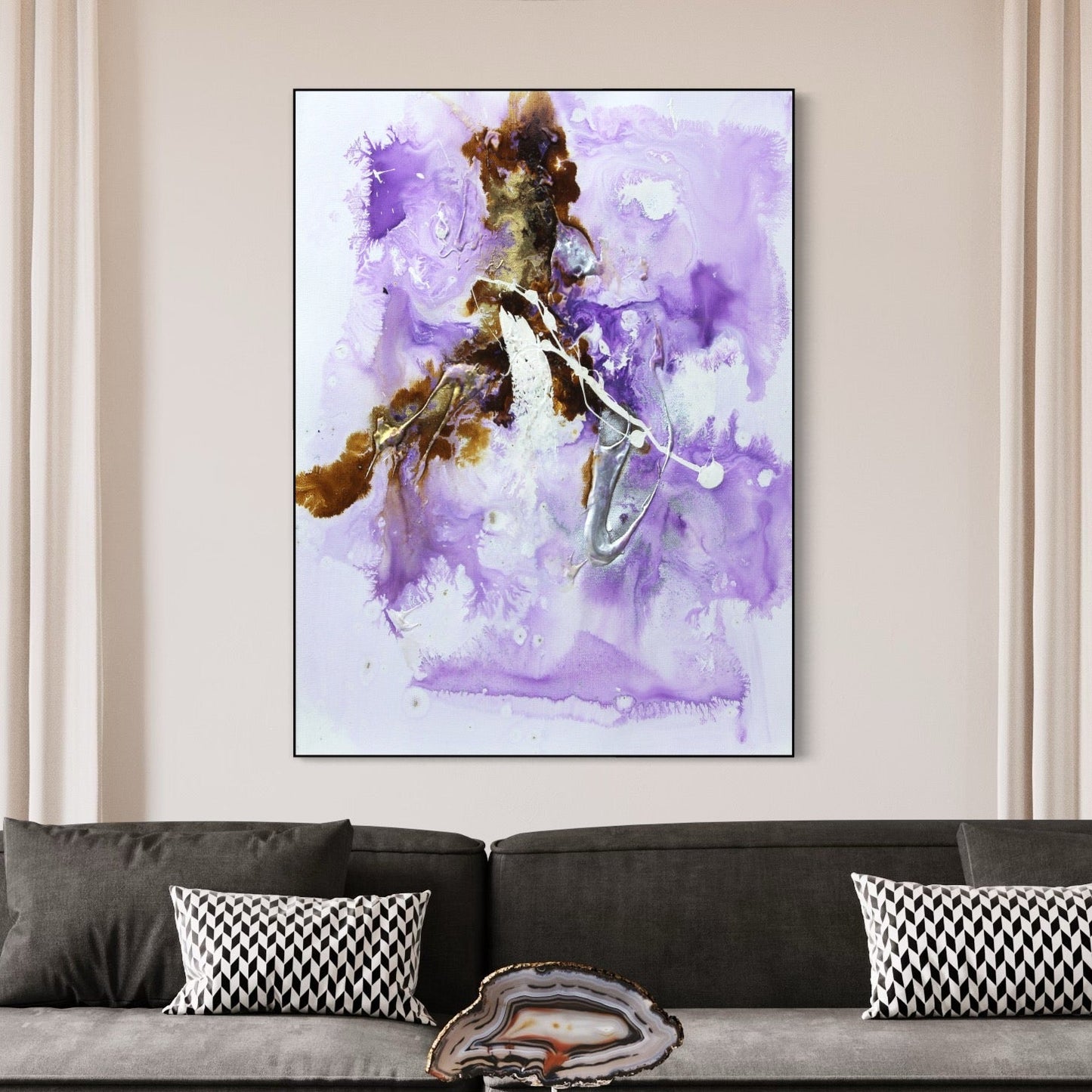 Abstract Purple Oil Painting of Flowing Energies and Vibrant Colors for Home Decor