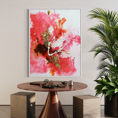 Abstract Floral Oil Painting in Vibrant Pink and Gold Hues for Modern Decor