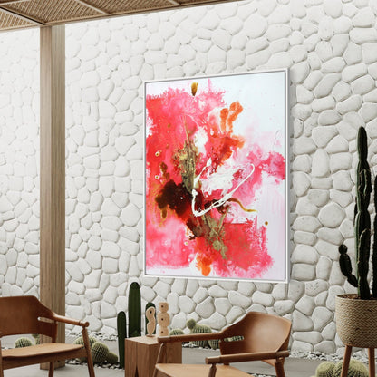 Abstract Floral Oil Painting in Vibrant Pink and Gold Hues for Modern Decor