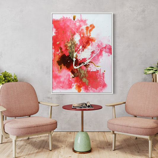 Abstract Floral Oil Painting in Vibrant Pink and Gold Hues for Modern Decor