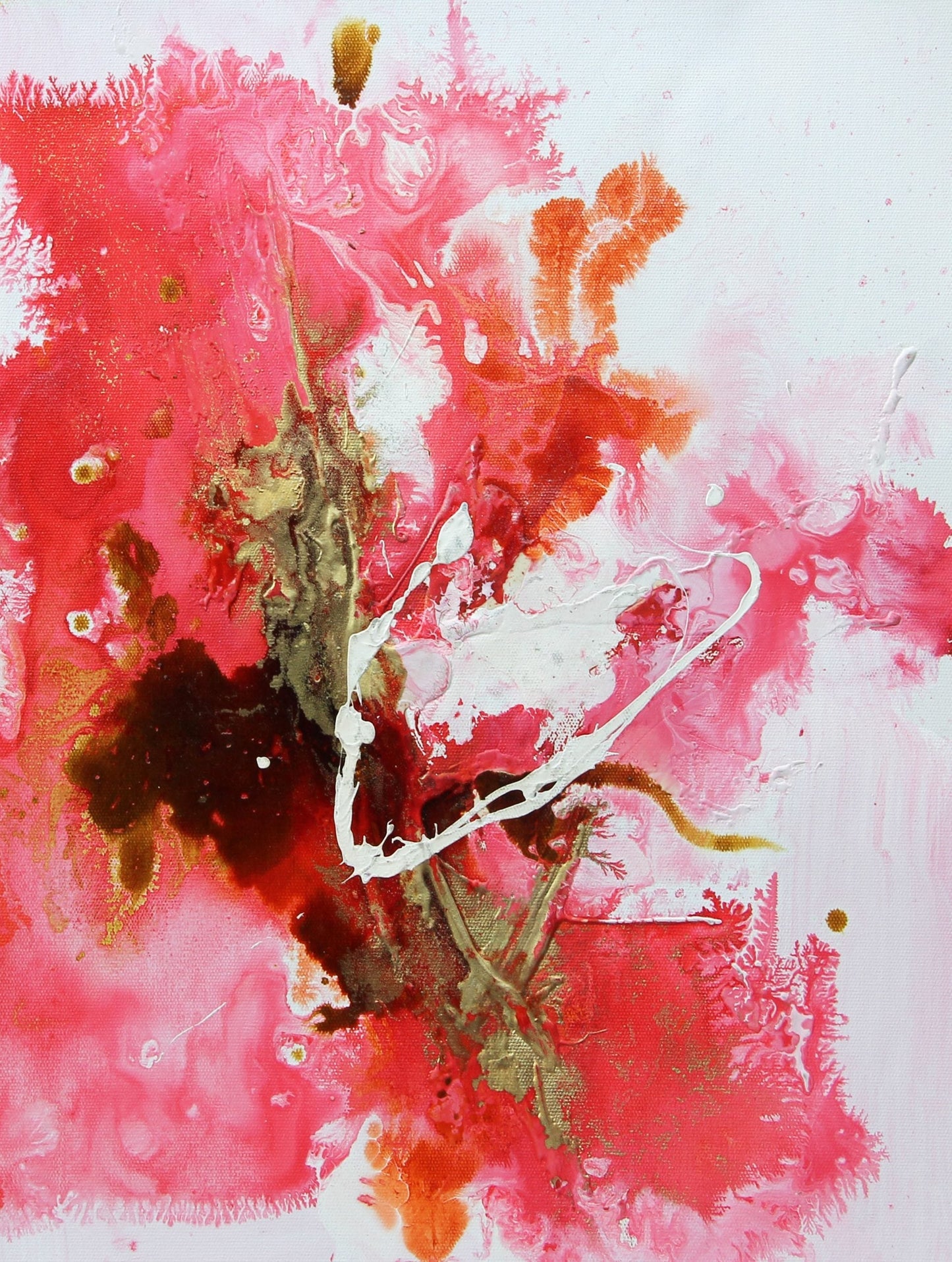 Abstract Floral Oil Painting in Vibrant Pink and Gold Hues for Modern Decor