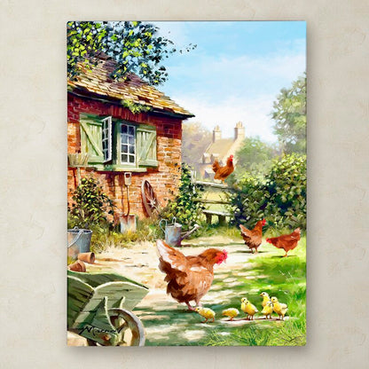 Charming Oil Painting of Chickens and Hens in a Serene Farmyard Setting
