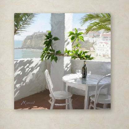 Mediterranean Caf√©: Charming Oil Painting of Coastal Dining Scene
