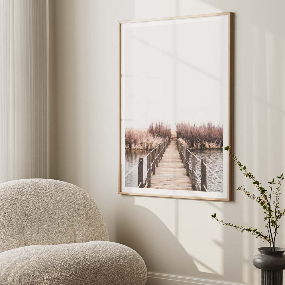 Serene Timber Bridge Over Tranquil Waters - Nature-Inspired Oil Painting for Home Decor