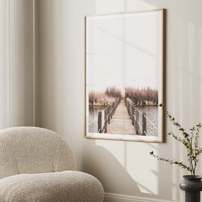 Serene Timber Bridge Over Tranquil Waters - Nature-Inspired Oil Painting for Home Decor