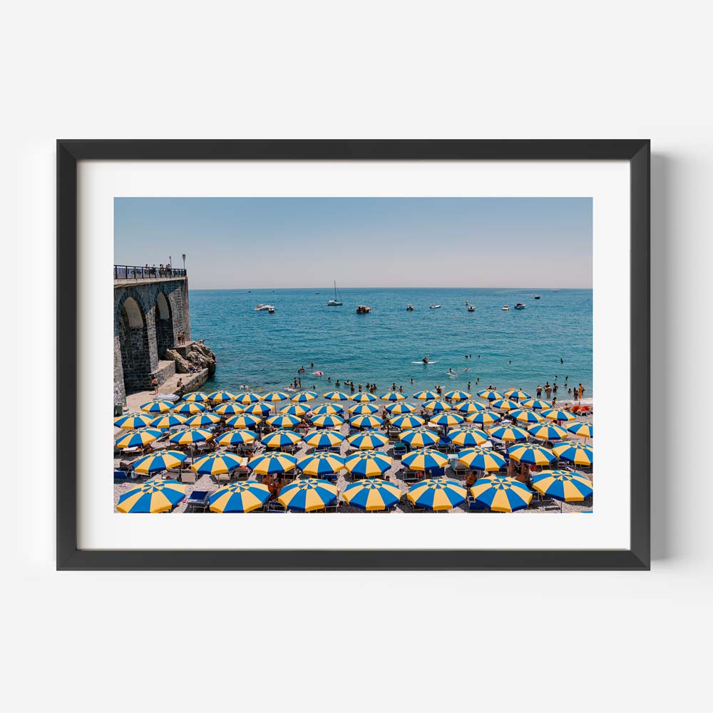 Vibrant Beach Scene with Colorful Umbrellas and Serene Ocean View