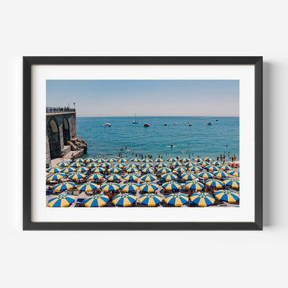 Vibrant Beach Scene with Colorful Umbrellas and Serene Ocean View
