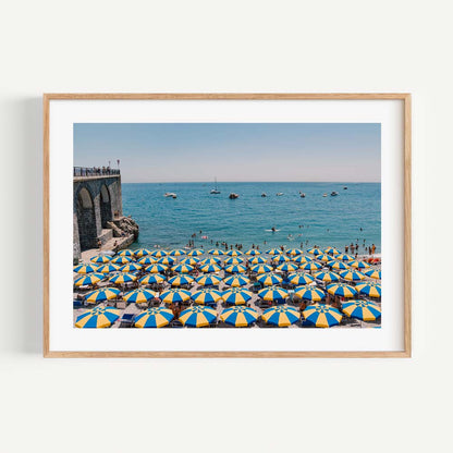 Vibrant Beach Scene with Colorful Umbrellas and Serene Ocean View