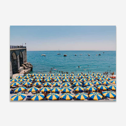 Vibrant Beach Scene with Colorful Umbrellas and Serene Ocean View