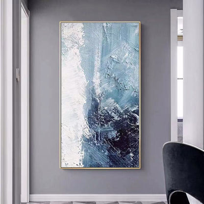 Tranquil Sea Foam: Abstract Blue Oil Painting for Modern Home Decor