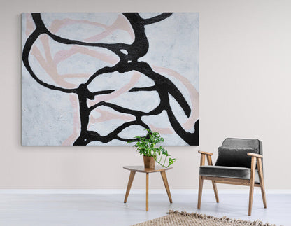Contemporary Abstract Oil Painting in Black and Soft Pink Tones for Modern Decor
