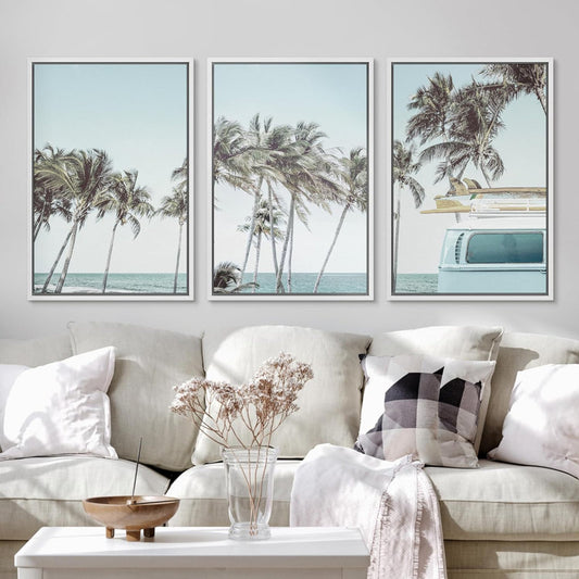 Tropical Palm Tree Road Trip Canvas Art - Beach Vacation Framed Wall Decor