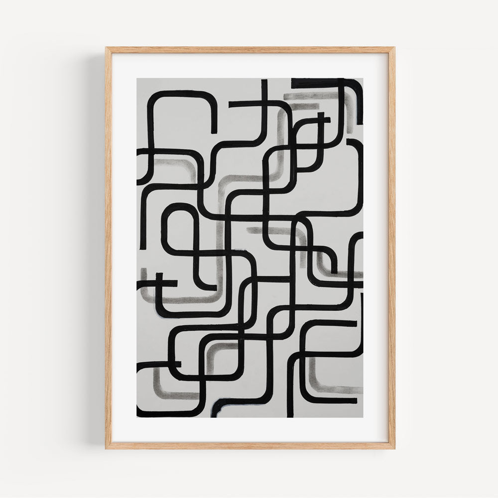 Abstract Black and White Oil Painting with Dynamic Line Patterns