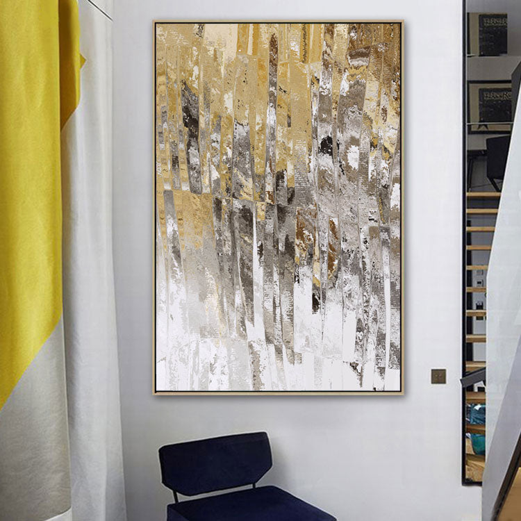 Elegant Abstract Oil Painting in Gold and Silver Tones for Modern Home Decor