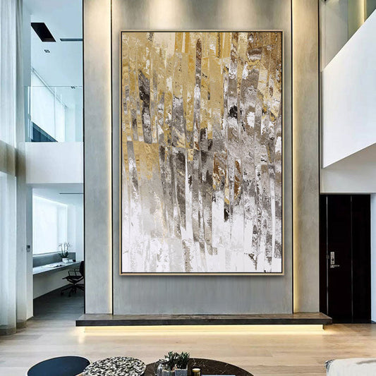 Elegant Abstract Oil Painting in Gold and Silver Tones for Modern Home Decor