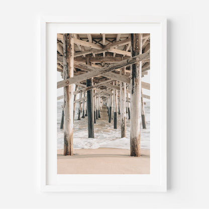 Tranquil Ocean View Under Pier - Serene Coastal Oil Painting for Home Decor