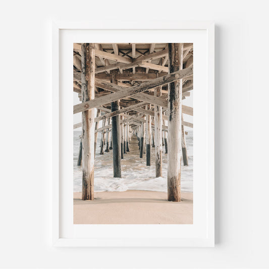 Tranquil Ocean View Under Pier - Serene Coastal Oil Painting for Home Decor