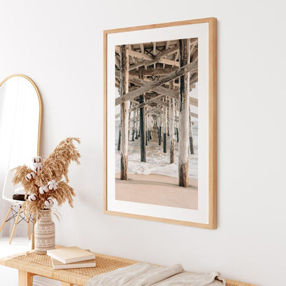 Tranquil Ocean View Under Pier - Serene Coastal Oil Painting for Home Decor
