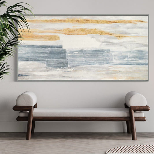 Serene Coastal Horizon Oil Painting with Gentle Waves and Soft Gold Accents