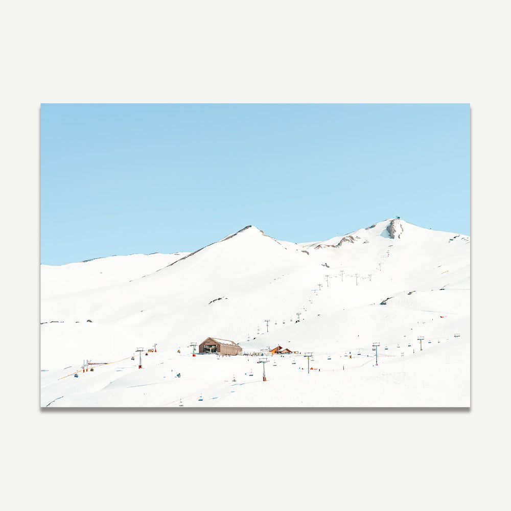 Snow-Capped Mountainscape in Valle Nevado - Serene Winter Oil Painting