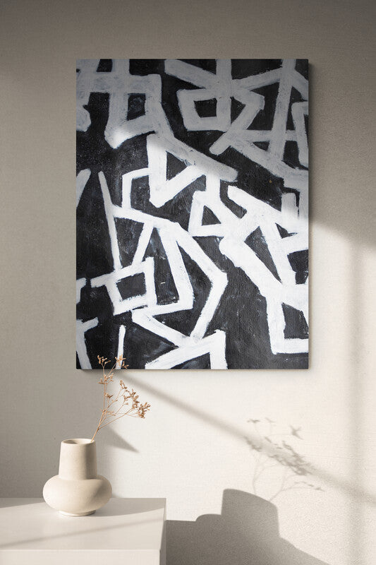 Abstract Black and White Geometric Oil Painting for Modern Home Decor