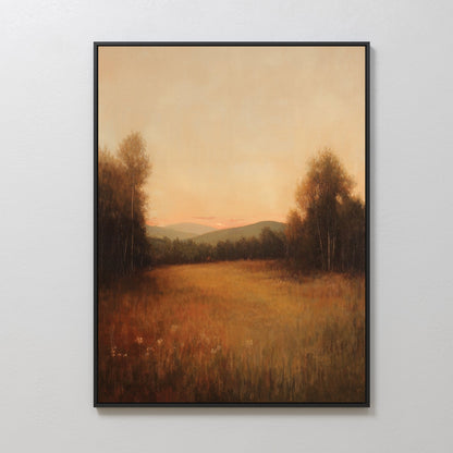 Serene Oil Painting of Sunset Over Meadow and Mountains