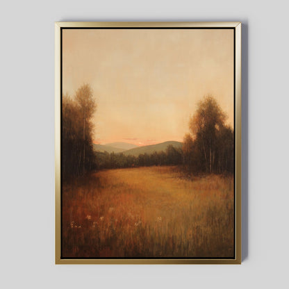 Serene Oil Painting of Sunset Over Meadow and Mountains