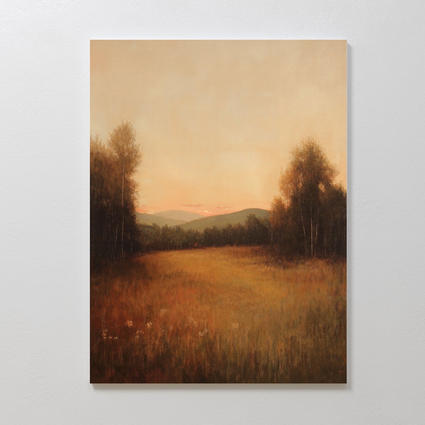 Serene Oil Painting of Sunset Over Meadow and Mountains