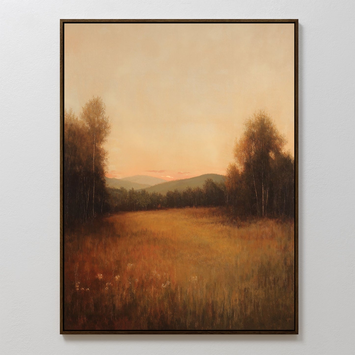 Serene Oil Painting of Sunset Over Meadow and Mountains