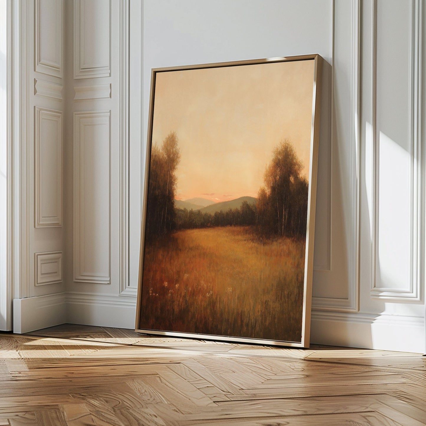 Serene Oil Painting of Sunset Over Meadow and Mountains