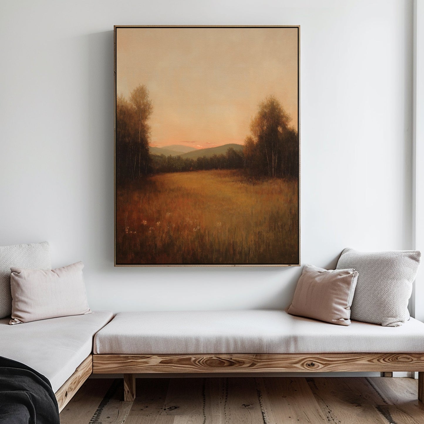 Serene Oil Painting of Sunset Over Meadow and Mountains