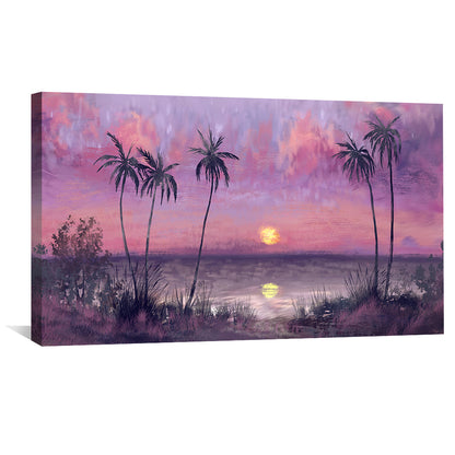 Serene Sunset Over Water with Palm Trees Oil Painting for Home Decor