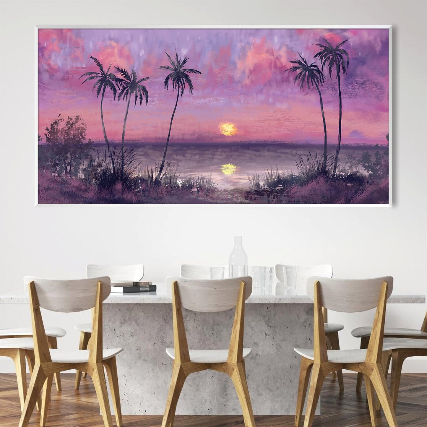 Serene Sunset Over Water with Palm Trees Oil Painting for Home Decor