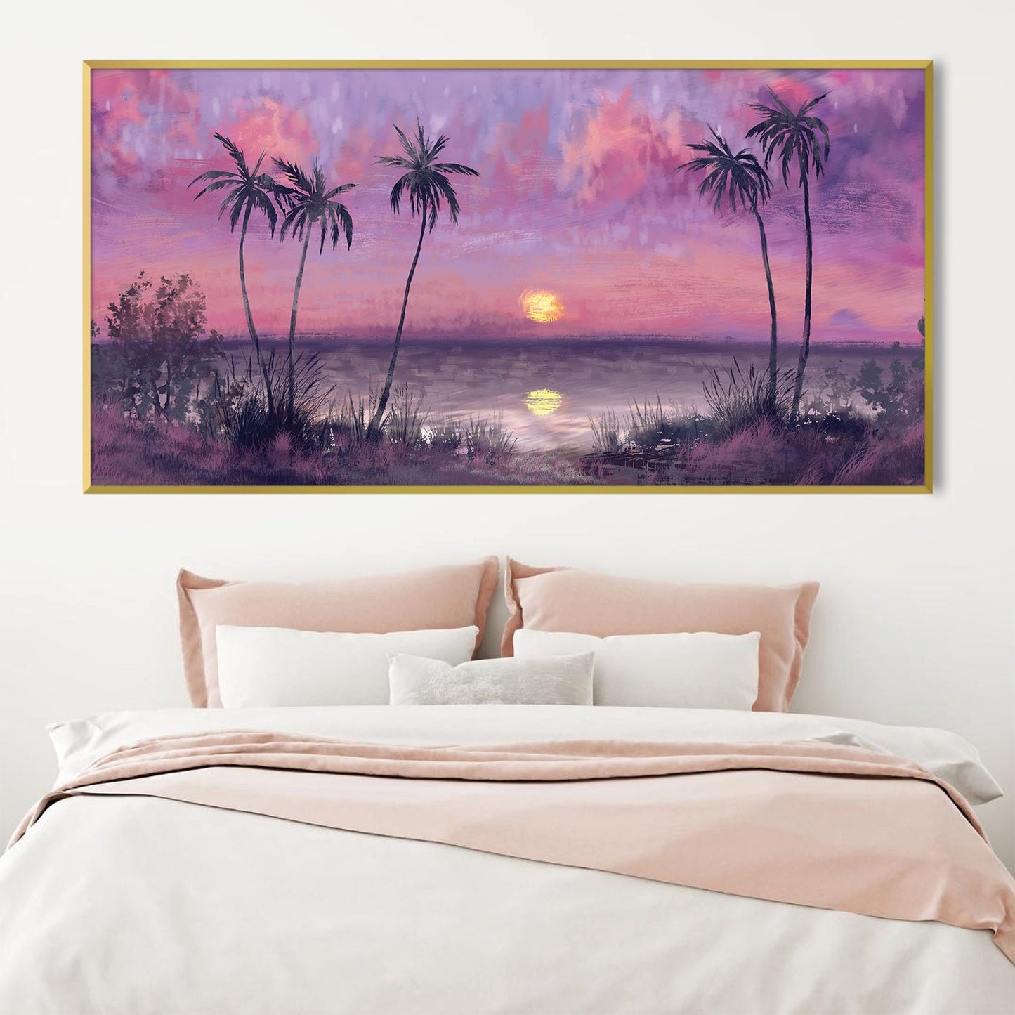 Serene Sunset Over Water with Palm Trees Oil Painting for Home Decor