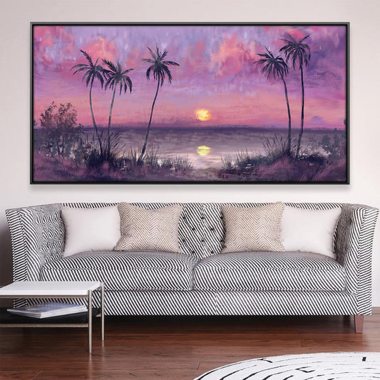 Serene Sunset Over Water with Palm Trees Oil Painting for Home Decor
