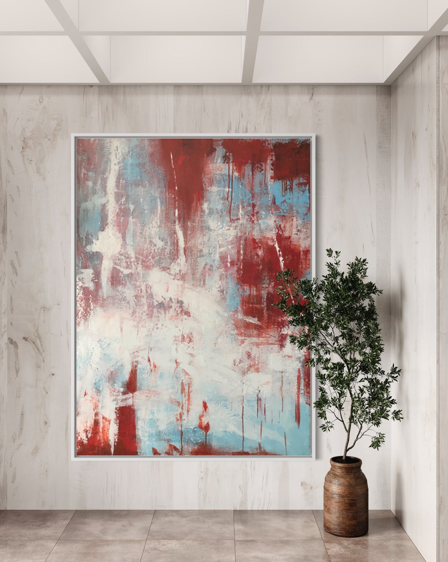 Abstract Oil Painting with Vibrant Reds and Blues - Modern Art Decor