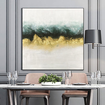 Elegant Abstract Oil Painting with Gold and Teal Waves