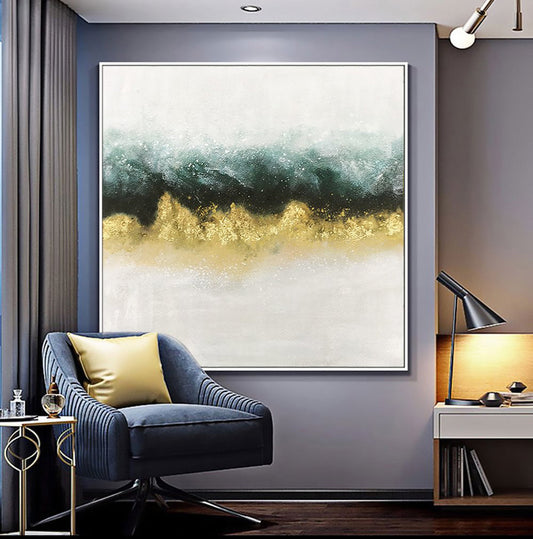 Elegant Abstract Oil Painting with Gold and Teal Waves