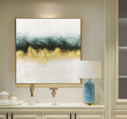 Elegant Abstract Oil Painting with Gold and Teal Waves