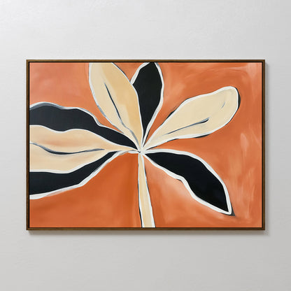 Vibrant Abstract Oil Painting of Leafy Flora on Warm Orange Canvas