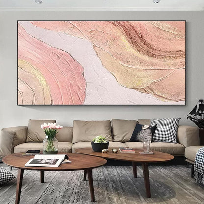 Serene Pink and Gold Abstract Oil Painting for Elegant Home Decor