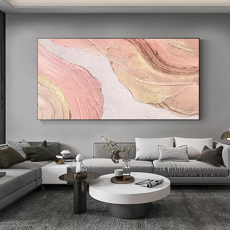 Serene Pink and Gold Abstract Oil Painting for Elegant Home Decor