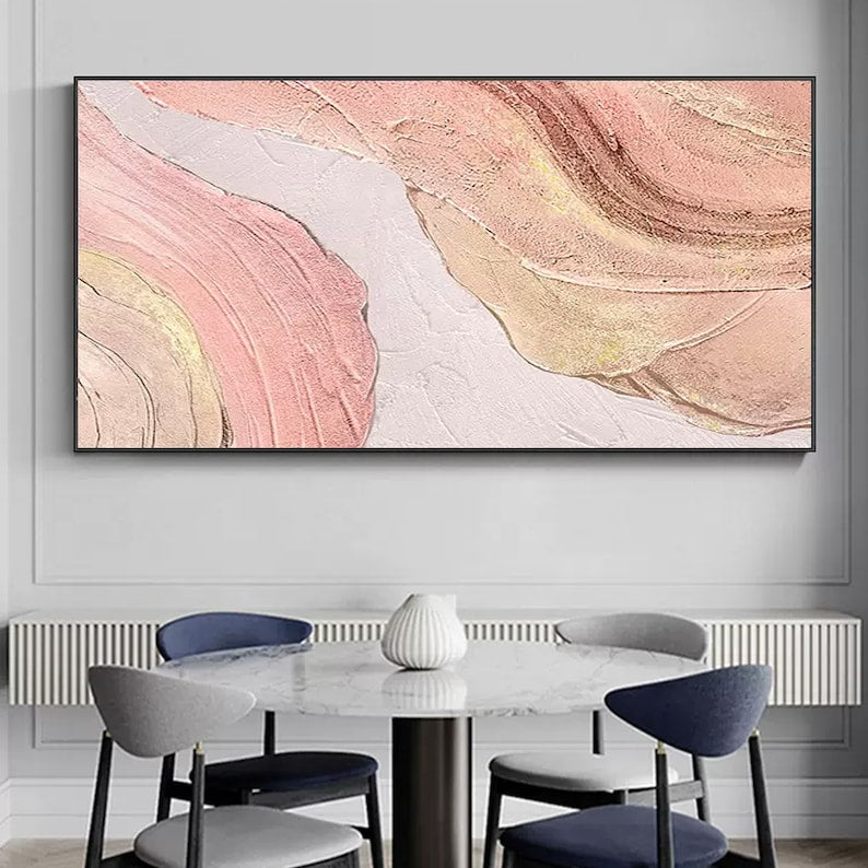 Serene Pink and Gold Abstract Oil Painting for Elegant Home Decor