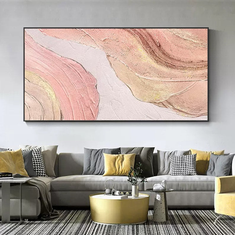 Serene Pink and Gold Abstract Oil Painting for Elegant Home Decor