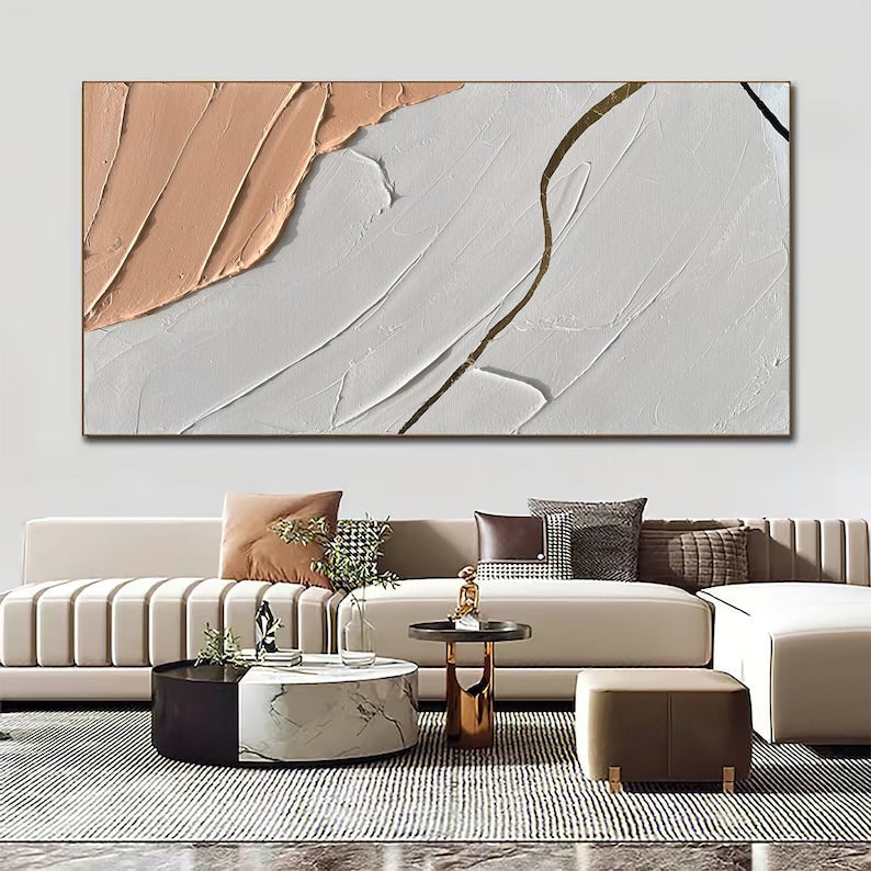 Elegant Cream and Gold Abstract Oil Painting on Canvas for Modern Decor