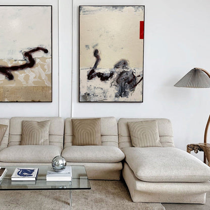 Contemporary Beige Abstract Oil Painting with Dynamic Textures and Shapes